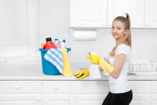 After builders cleaning in a bathroom with polished fixtures