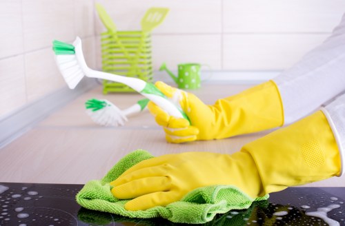 Bathroom tiles and fixtures being scrubbed for a deep clean