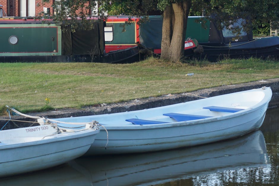 Two white boats, one labeled 'TRINITY 500,' are moored on calm canal water next to a grassy bank. The boats are positioned parallel to each other, with the larger boat featuring three blue seats visible inside. Behind the boats, there's a large tree with green foliage and a grassy area with slight wear marks on the grass. In the background, moored canal homes with dark-colored, rectangular structure walls, and windows can be seen, along with a glimpse of red and black elements. The scene is illuminated by natural daylight, and the water reflects the boats and trees, highlighting a clean, tranquil waterside setting. Paddington Cleaners specializes in domestic cleaning services, including surface cleaning and deep cleaning, ensuring hygiene and maintenance of residences like those near Little Venice in Paddington.