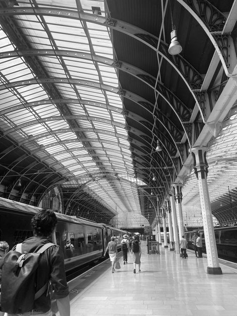 Interior view of a train station with a high, arched ceiling constructed from curved metal framework and glass panels, illuminated by bright lighting fixtures. The platform features a polished stone s